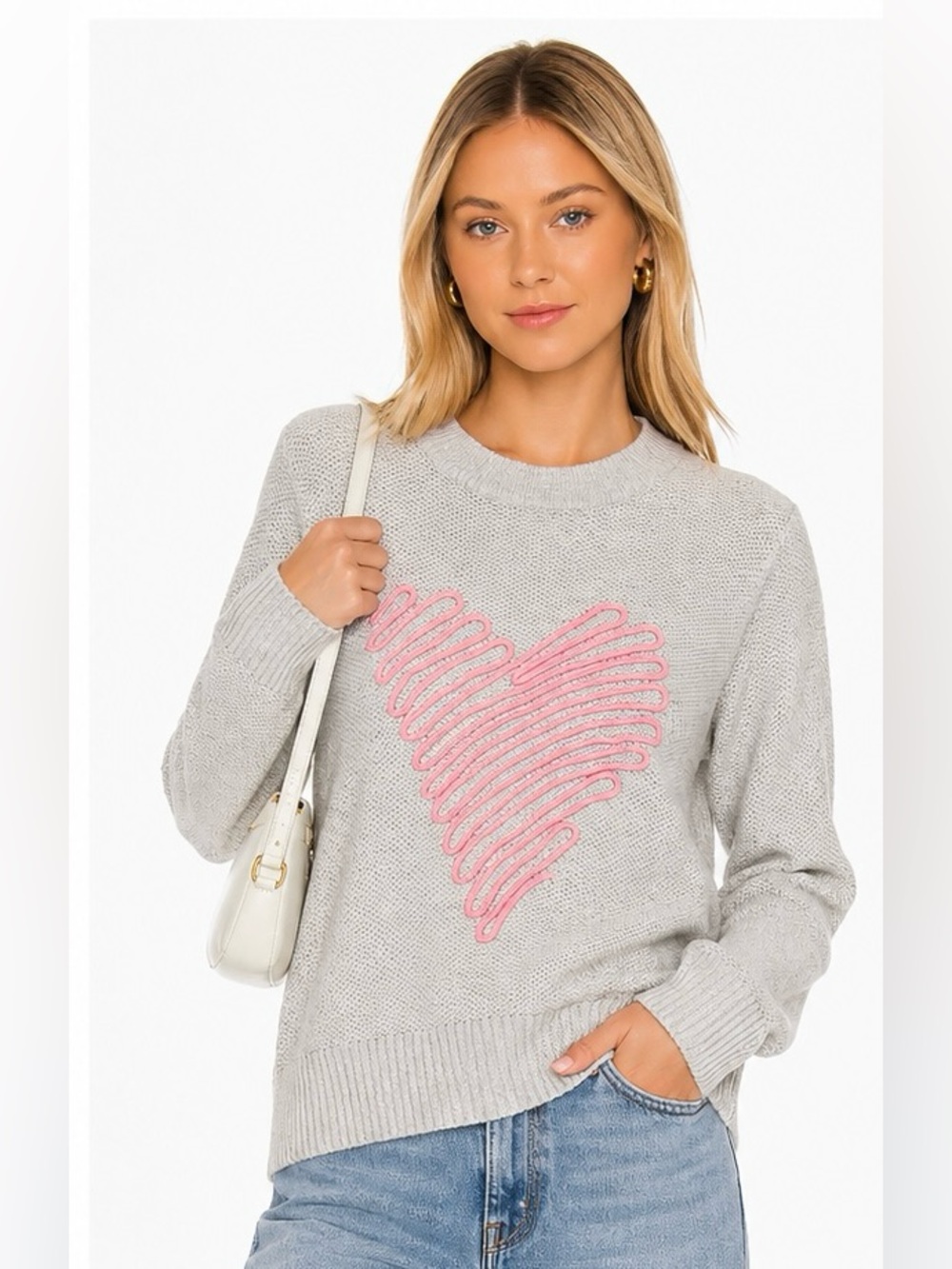 Lisa Todd Gray Crewneck Sweater with Pink Heart Motif